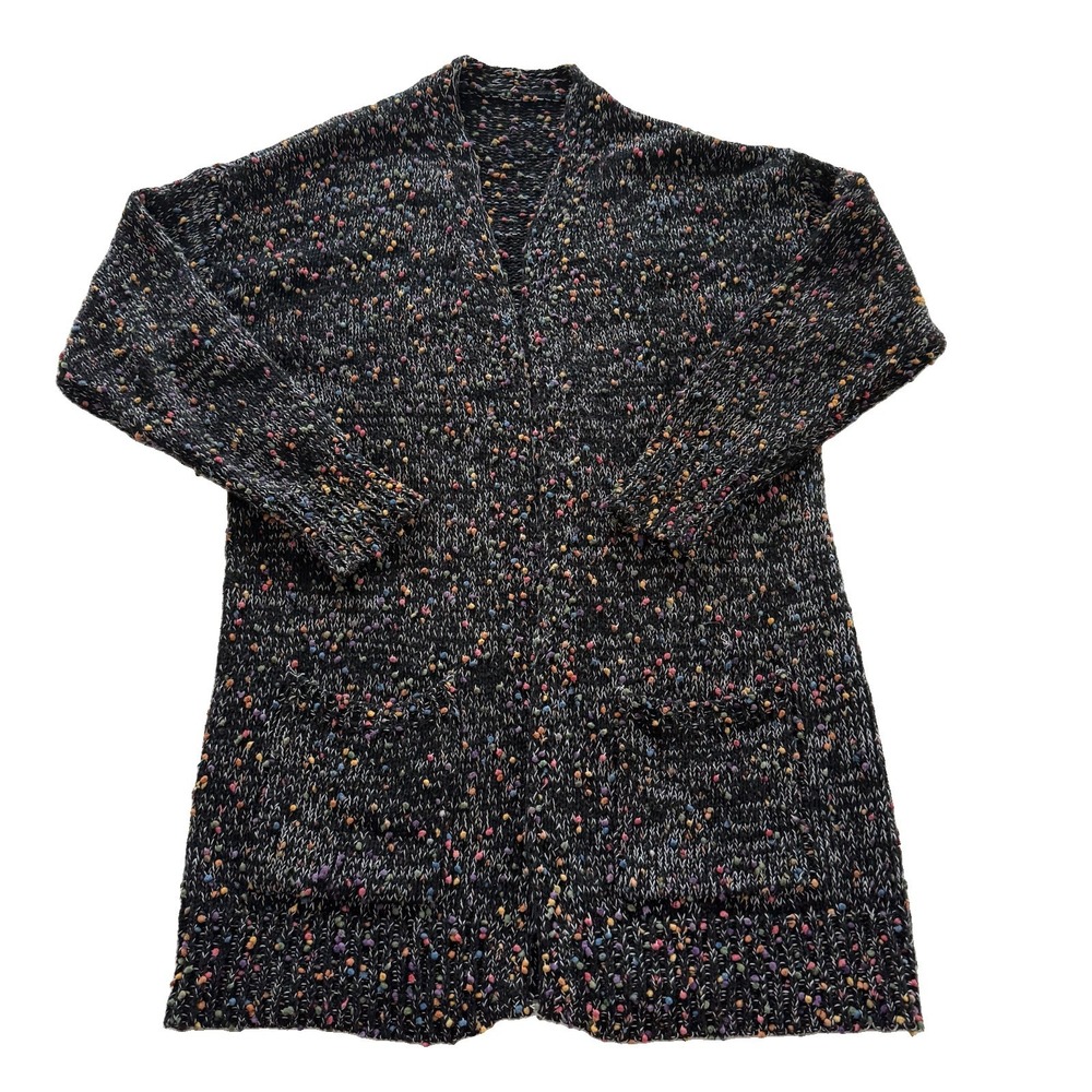 Vintage Confetti Knit Cardigan Women L Black Rainbow Fleck Open Front Sweater